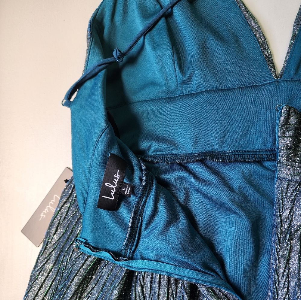 Lulus Stop the Show Blue Glitter Skater Dress Size L - Picture 8 of 10